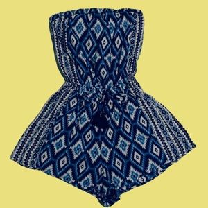 🌟Strapless Blue Diamond Patterned Summer Romper